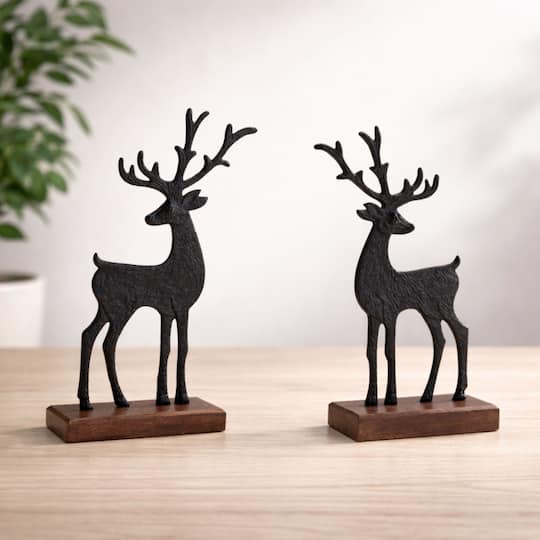 Melrose Black Metal Deer Figurines on Wood Base Set